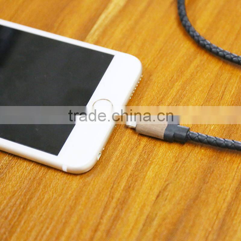 New Arrivel Wooden Shell USB Cable Round Leather Charging Cable For iphone5/5S/6/6Plus/ipad Date Cable