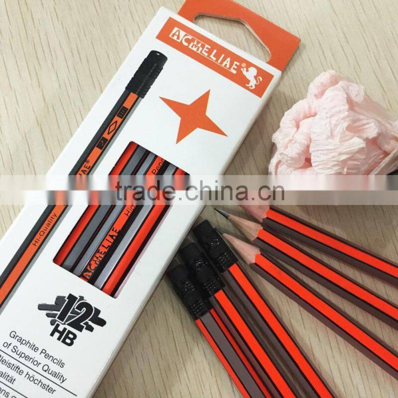 Standard size hexagonal shape neon orange and silver striped special graphite wood pencil sharpened with eraser