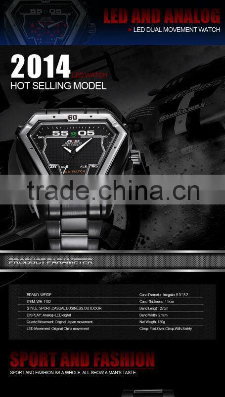 2015 China suppiler stainless steel triangel design black dial LED christmas promotion gift wristwatch(WEIDE-WH1102)