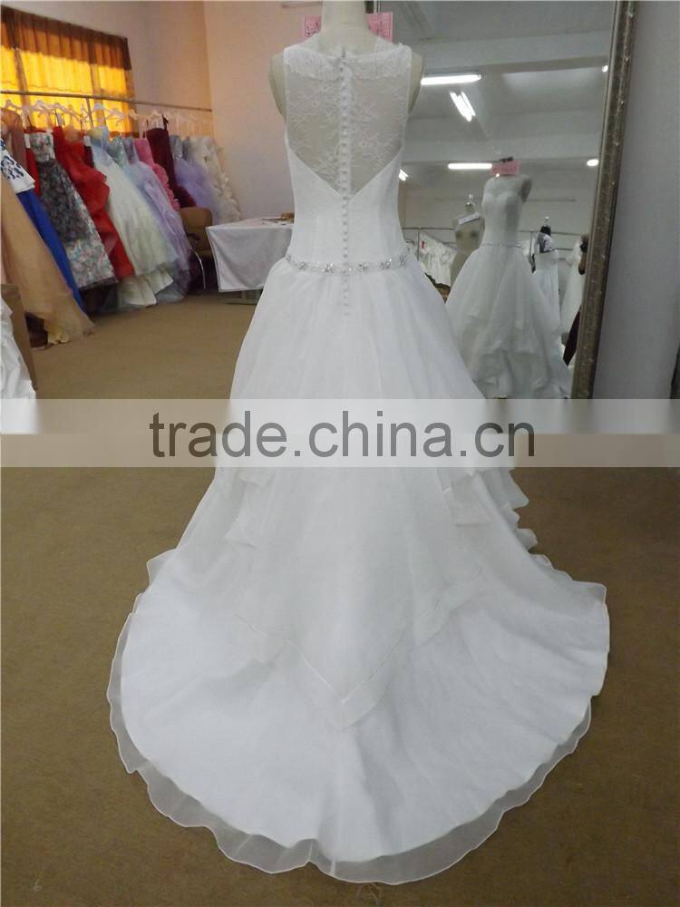 new arrival see-through lace neck layered organza ruffle wedding dress (KB2015-105)