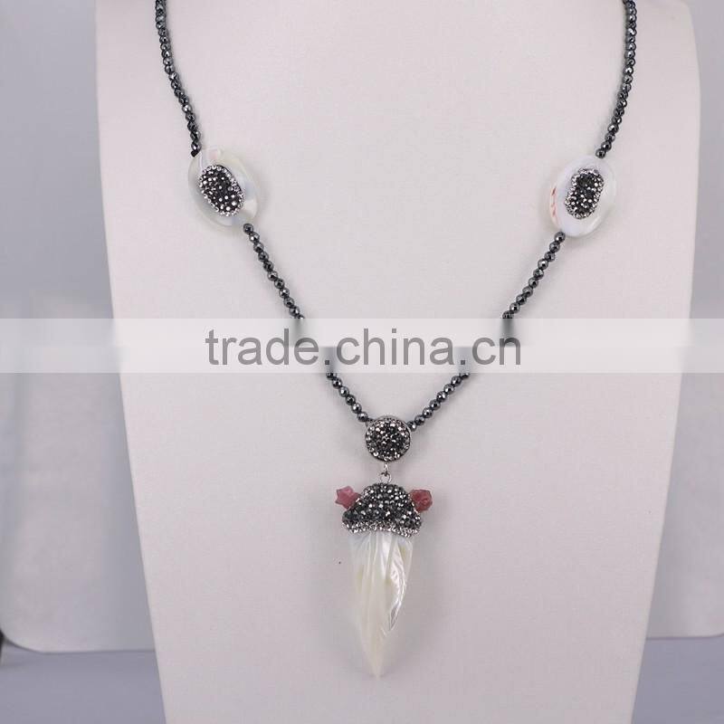 Natural Turquoise Necklace, with 3mm Hematite Beads Necklace, Double Horn Pendant Charm Beaded Gem stone Natural Stone Necklace