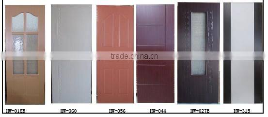 Cheap wood mdf pvc wooden interior single glass insert flush door with frame for washroom