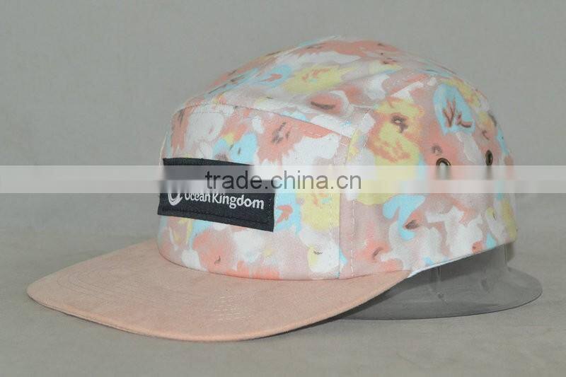 Guangzhou hat factory professional custom 100% polyester / 5 panel/pink camouflage with dark blue/woven label mark/flat brim hat