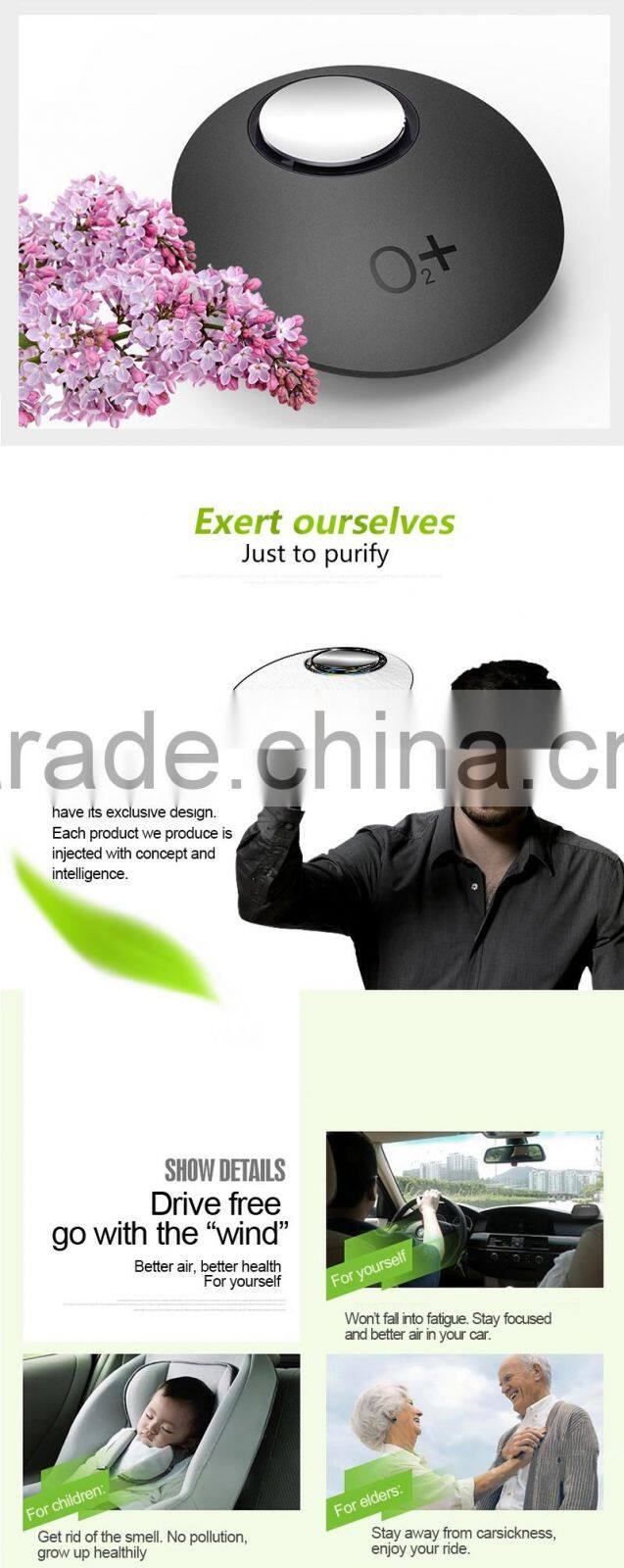 Newest original design hot selling high quality O2+ car air purifier mini air purifier