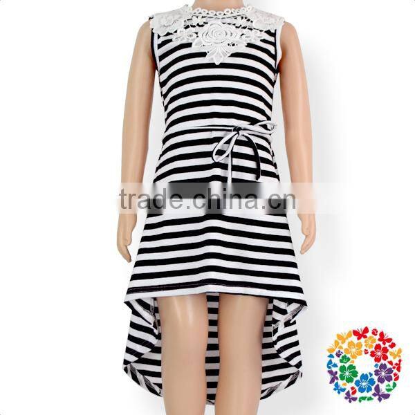 Fashion Design Black Stripe Cotton Summer Dress Sleeveless Adding Lace Girl Child Dress