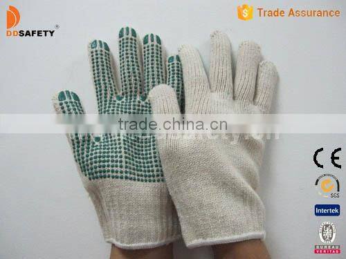 4 Threads Natural Cotton Polyester Gloves String Knit Gloves With Dark Green PVC Dots One Side