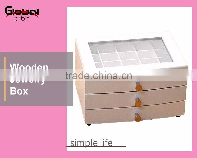 Modern Portable Necklace Ring Storage Cabinet Three Drawer Wooden Jewelry Box