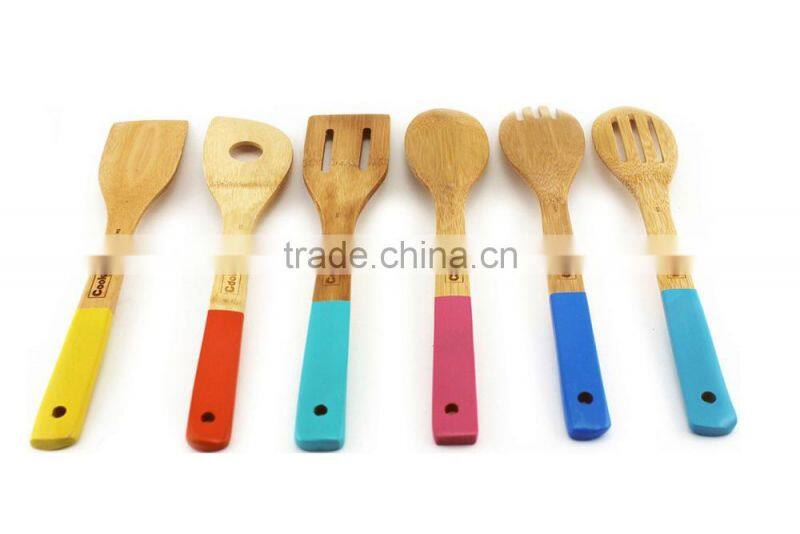 Wholesale bamboo utensil with color handle and logo carved/kitchen cooking bambu tool