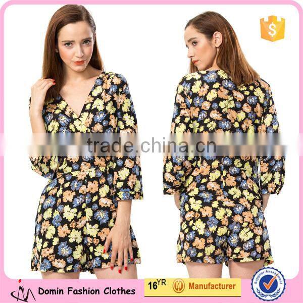 2015 Fashion Girls Long Sleeve Wrap Floral Printed Playsuits