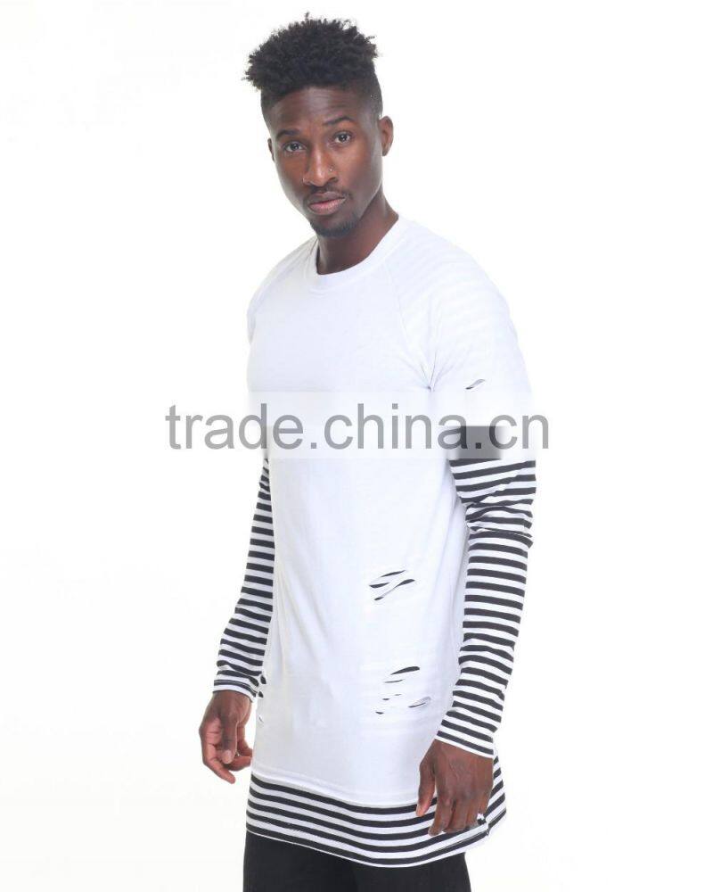 Crew neck tees sleeve color block Stripe Layer men's longline t shirt