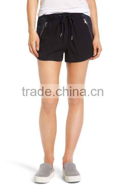 MGOO Hot Sale Women's Drawstring Linen Blend Jogging Pants Black Sport Shorts With Zipper Pockets