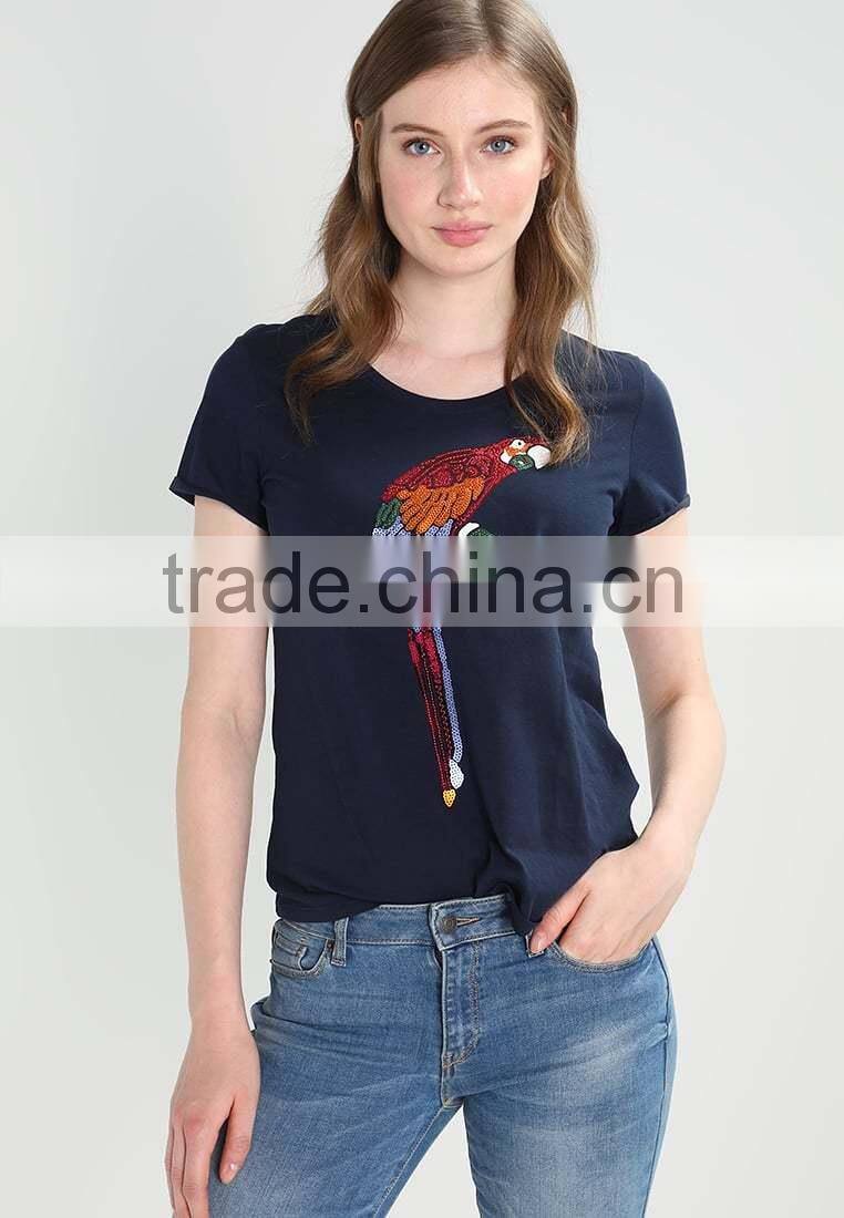 MGOO China Supplier Custom Sequin Embroidered T Shirts Women Soft Cotton Short Sleeves T Shirt