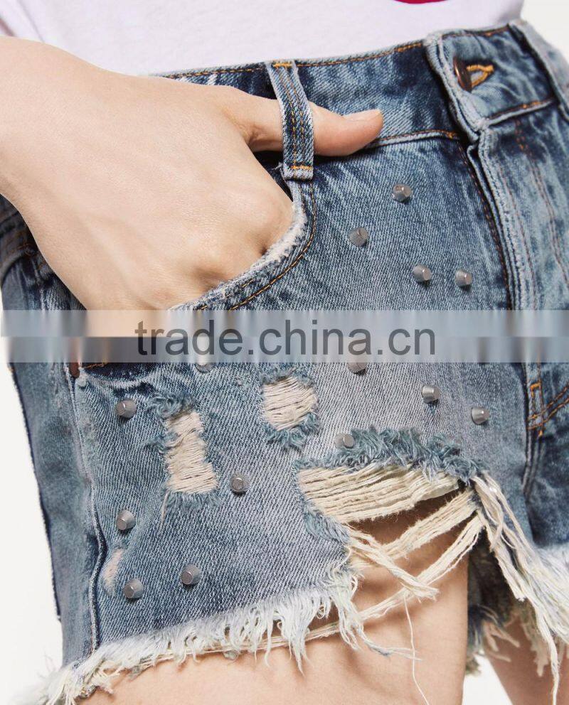 2016 custom fashion rivet ripped apparel young girl summer sexy women jeans shorts short pants half pants cotton girls