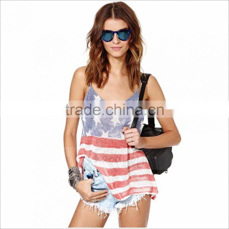 Women White V Collar Halter Printing Tank Top American Flag T Shirt