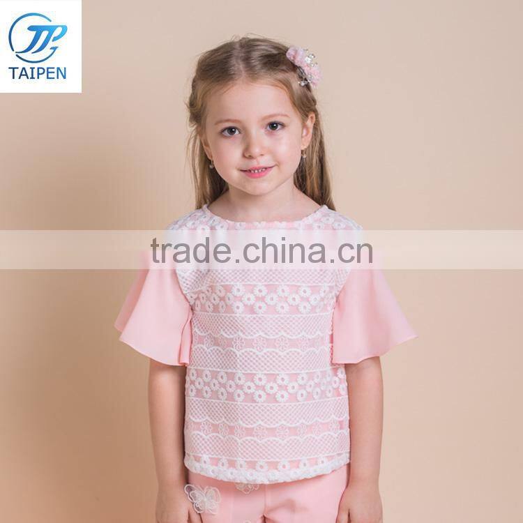 Summer Latest Designs Girls Ruffle Sleeve T Shirt With Lovery Embroidery Pattern