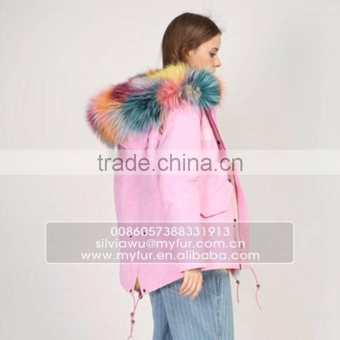 Myfur Pink Shell Fashion Lady Parka Jacket with Real Fur Lining Fox Body Fur Hood