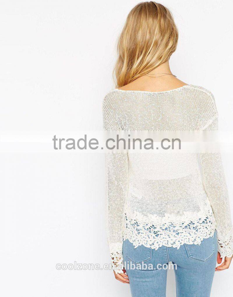 Women dropped shoulders lightweight fabric crochet top,crochet top fashion blouses 2015