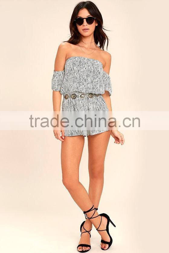 Summer off shoulder Black and white stripe romper women for wholesale