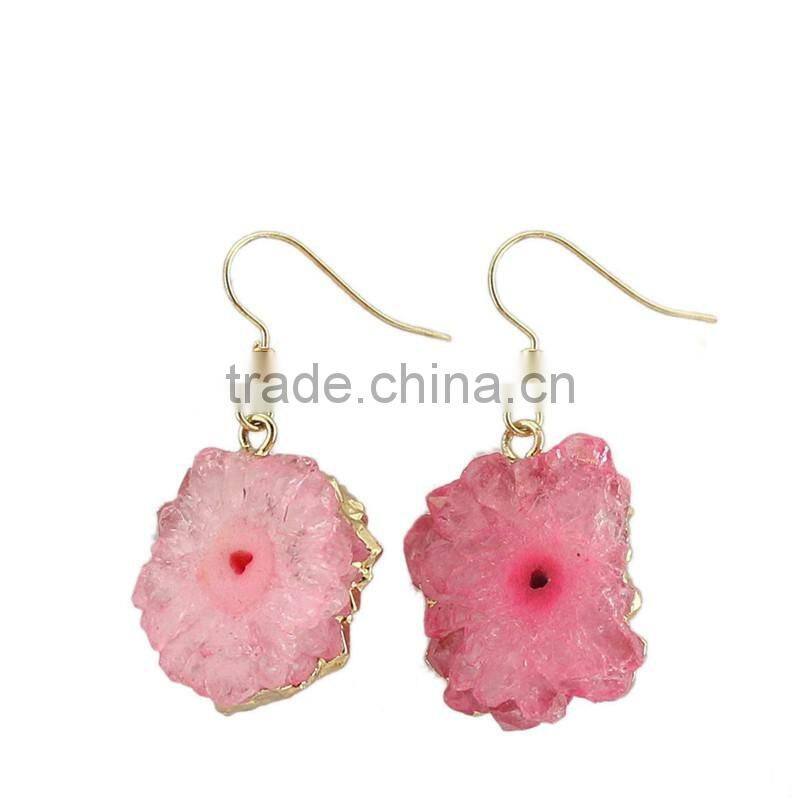 Gold Plated Raw Crystal Amethyst Cluster Natural Stone Drop Earrings