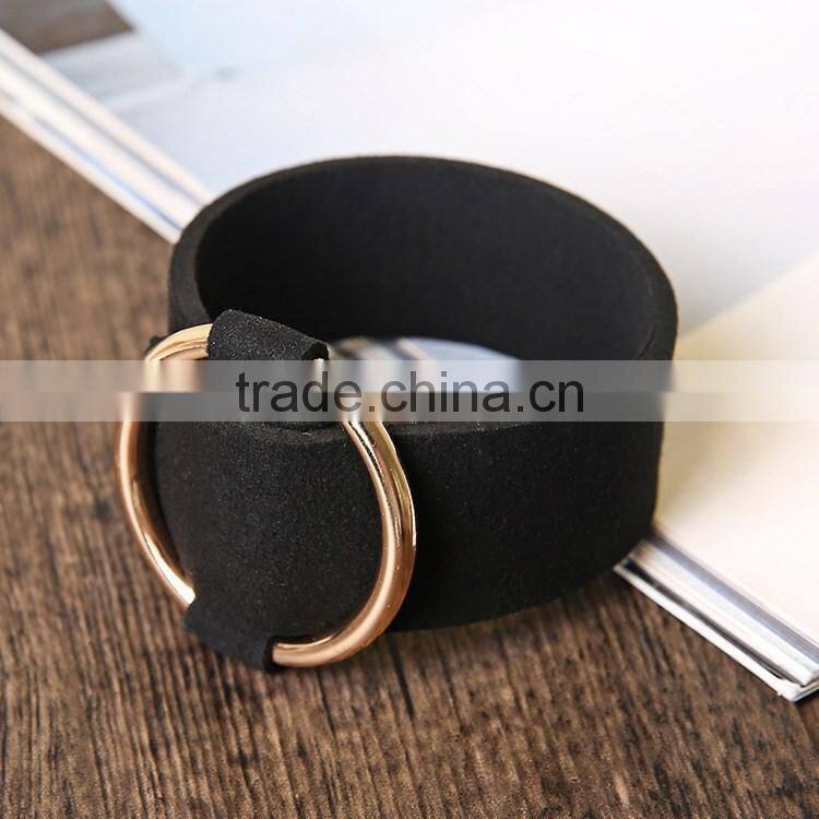Wide Black Punk Leather Bangle Bracelet with Adjustable Gold/Silver Loop Circle for Lady