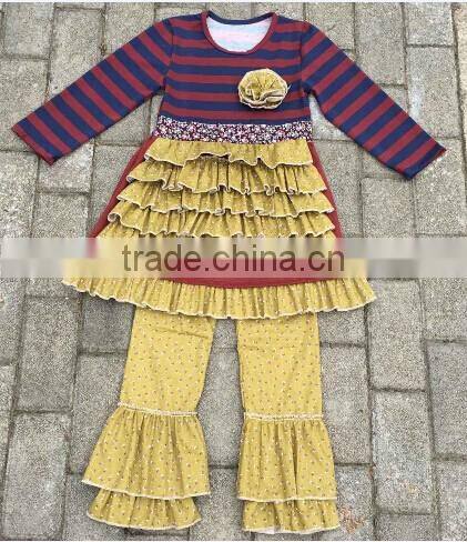 Latest design 2016 fashion girls floral print bib dsess sets wholesale children boutique clothes puffy babys stripe ruffle pant