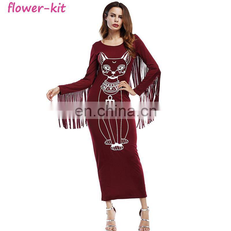 Women Long Sleeve Boho Fringe Casual Fitted Bodycon Long Cat Printed Dress