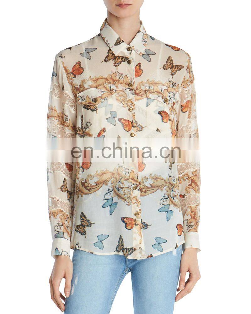High Quality Latest Butterfly Printed Shirt Semi-Sheer Silk Blouse Women