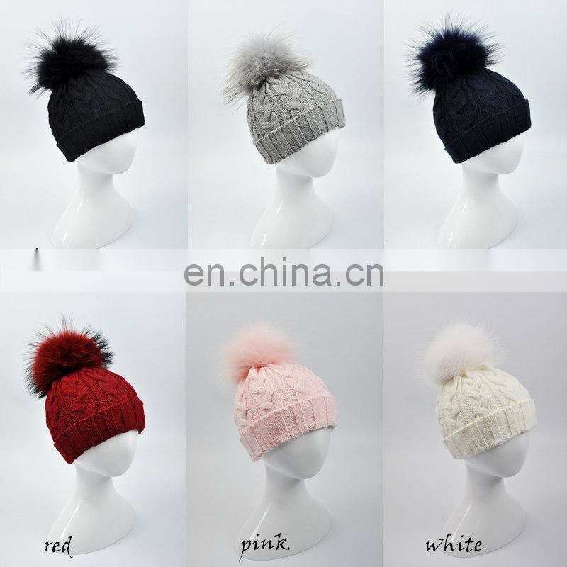 Wholesale Handmade Thick Warm Winter Hat With Natural Raccoon Fur Ball Knitting Baby Beanie