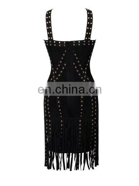 Amigo 2017 new style sexy cross strap tassel bandage dress midi eyelet beaded evening dresses for women club wear