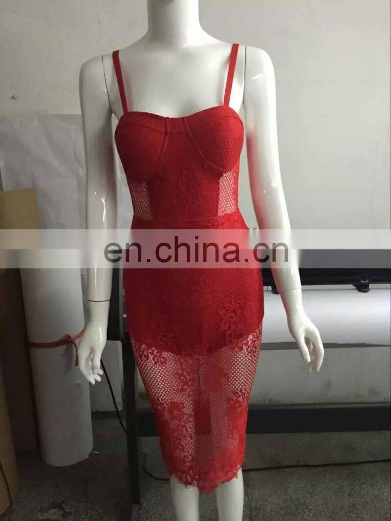 Amigo 2017 fashion red spaghetti strap lace flower midi bandage dress sexy evening dresses for girls party