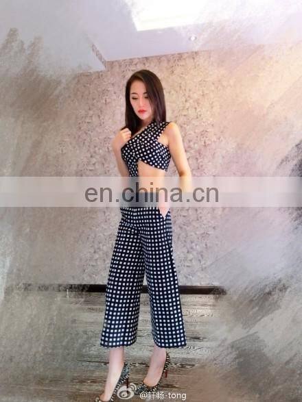 2015 new fashion women irregular elegant check patern two piece set