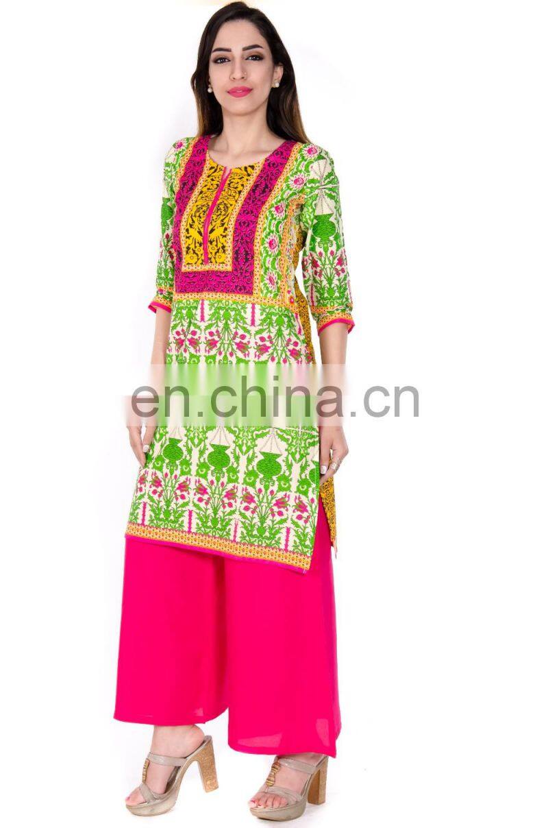 Designed in floral & Triple print on yoke 100% cotton knee length lady kurti