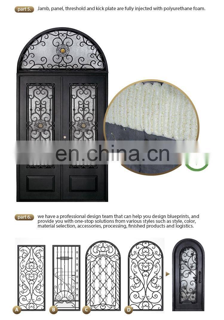 Arched Top Wrought Iron French Double Front Entry Door With Sidelights & Transom Exterior Steel Main Entrance Door Grill Design