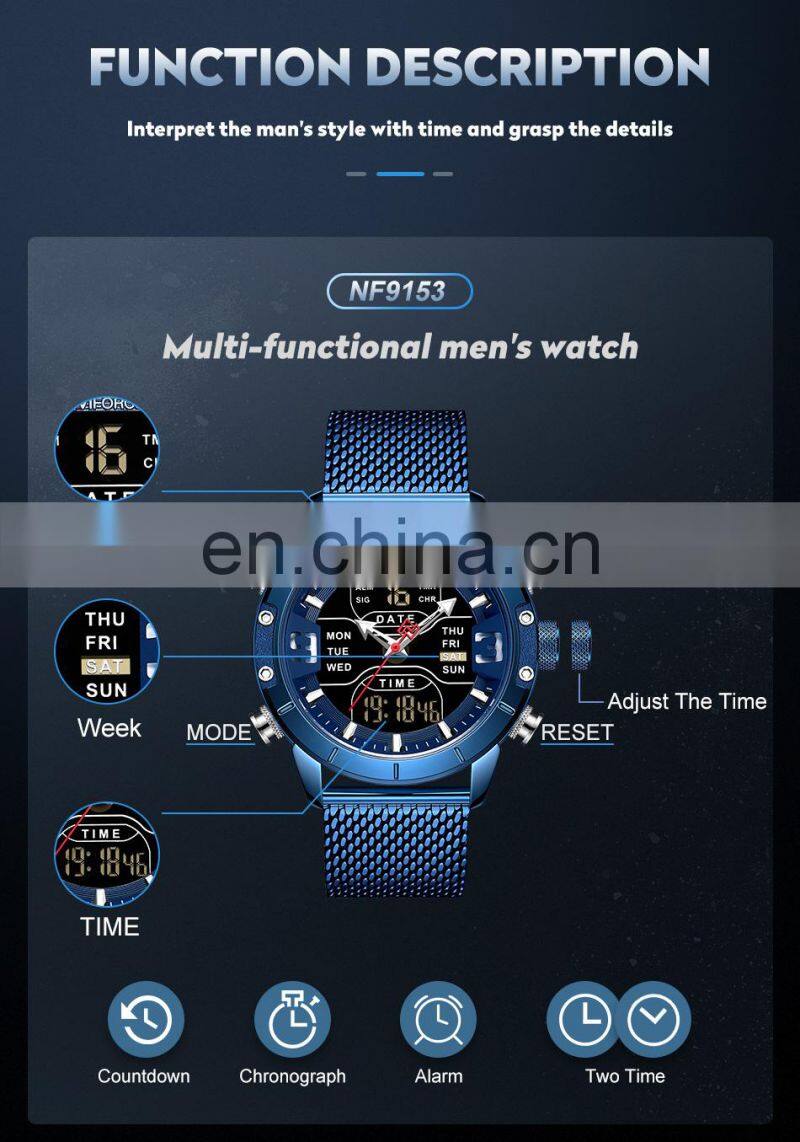 NAVIFORCE 9153 Men Week Time Display Stainless Steel Japan Quartz Business Wristwatch Digital Watches