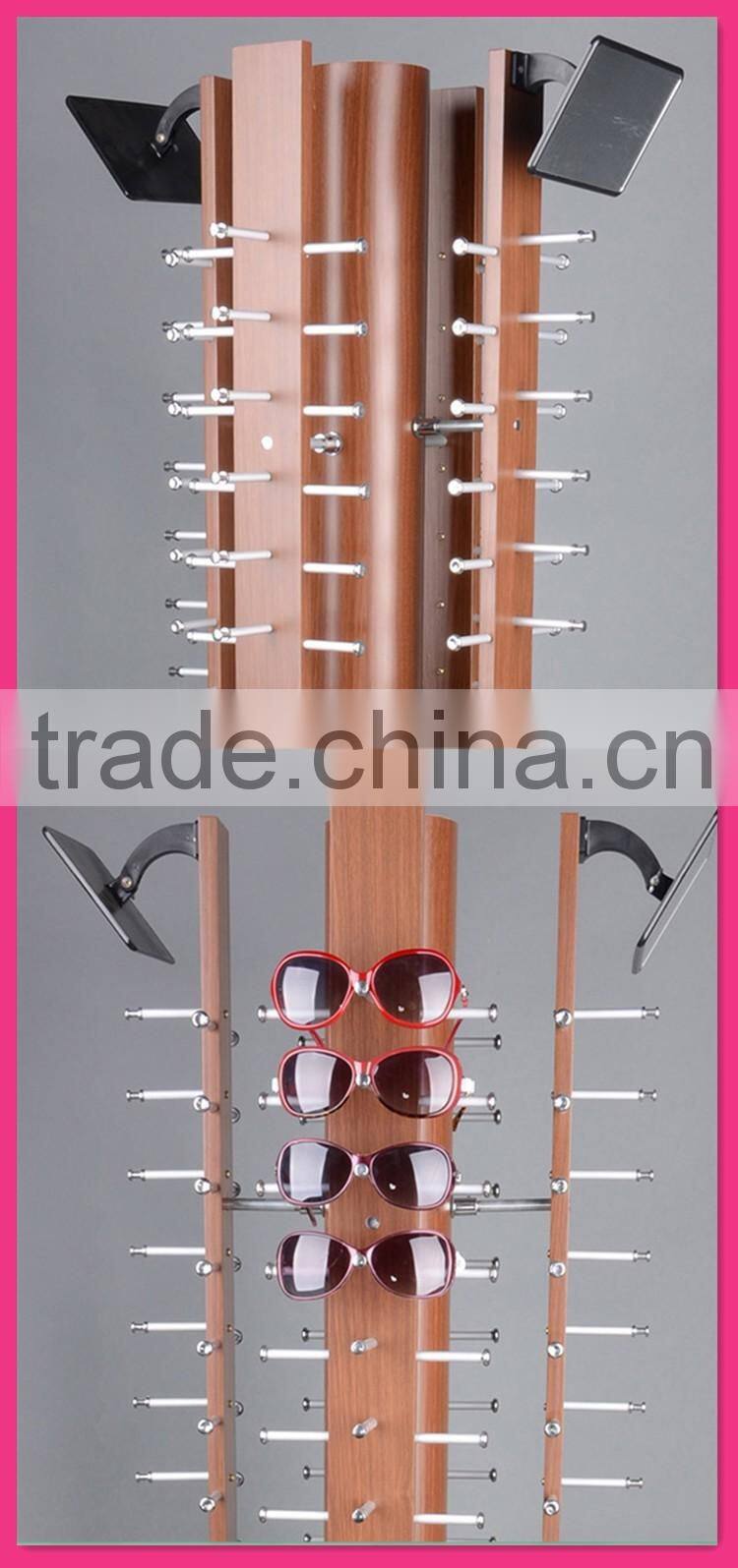 China Factory Price Rotating Wooden Sunglass Display Stand With Wheels And Mirror