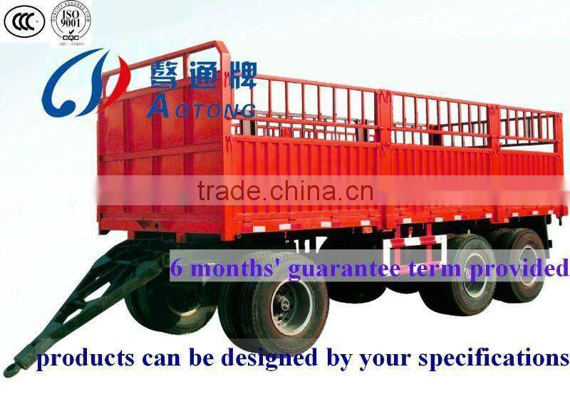 AOTONG Brand 20ft lengh 30tons small farmer use flatbed rear dump drar bar full trailer with HYVA hydraulic cylinders