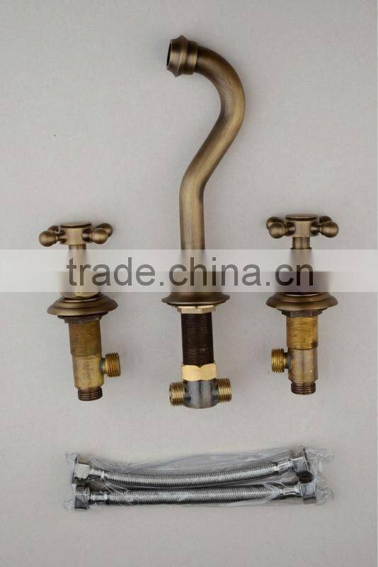 Double Handle 3 Hole Antique Wall-mounted Brass Copper Basin Faucet Tap QH001-22A