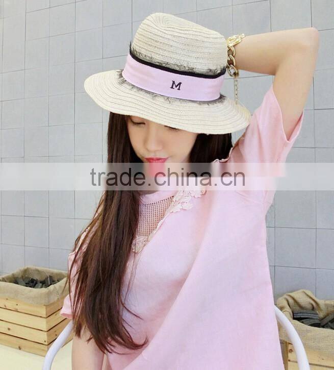 Ladies promotional alphabet M caps with ribbon straw panama hat cheap