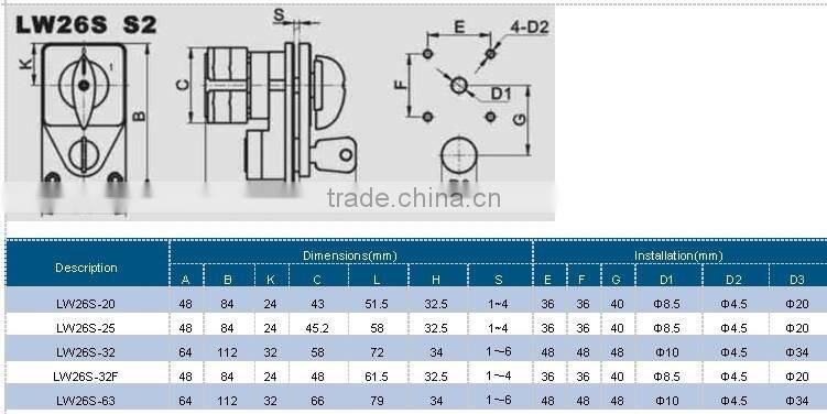 LW26S 7,8,9,10 position rotary switch high efficiency cam switch 63A