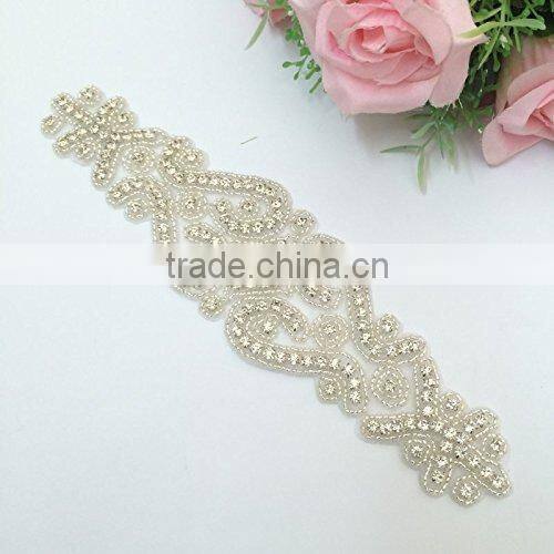 Bridal trimmings clear crystal rhinestone applique with pearls hotfix for wedding dress accessory