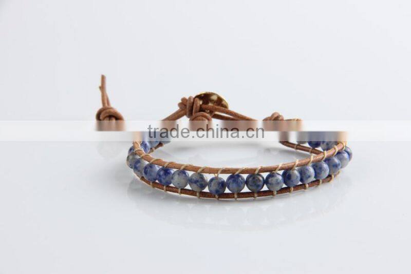 Newest popular white &blue stone leather bracelet woven lap 6 mm wear bracelet all hand needle for women chain bracelet