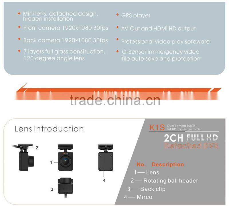 13 years factory 2CH full HD detached hidden car DVR dashcam