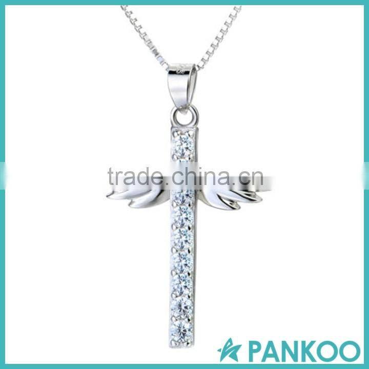 925 Sterling Silver Zircon Cross with Angel Wing Crystal Pendant 18'' Chain Necklace Fashion Jewelry