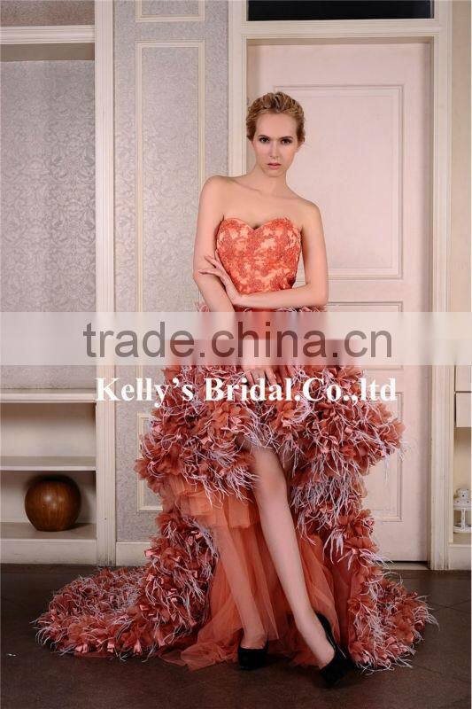 2015 sophisticated bead bodice flowers colored short wedding dress with long tail