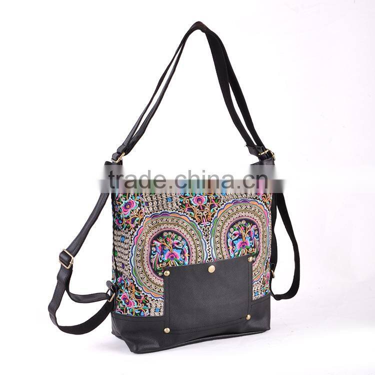2015 new products leather handbag hmong girl handbag silk yarn embroidery backpack
