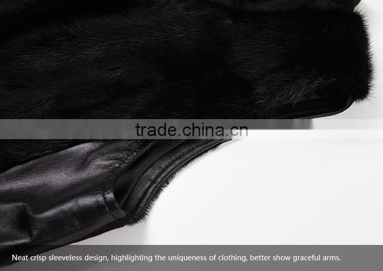 China custom women black leather vest with fur