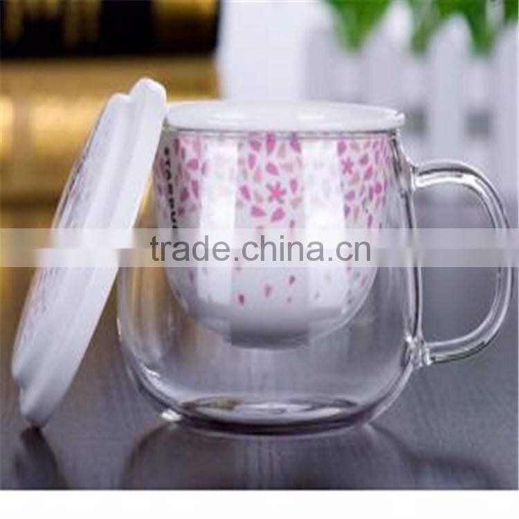 Creative product heat resistant borosilicate glass tea cup with ceramic filters and lid for promotion
