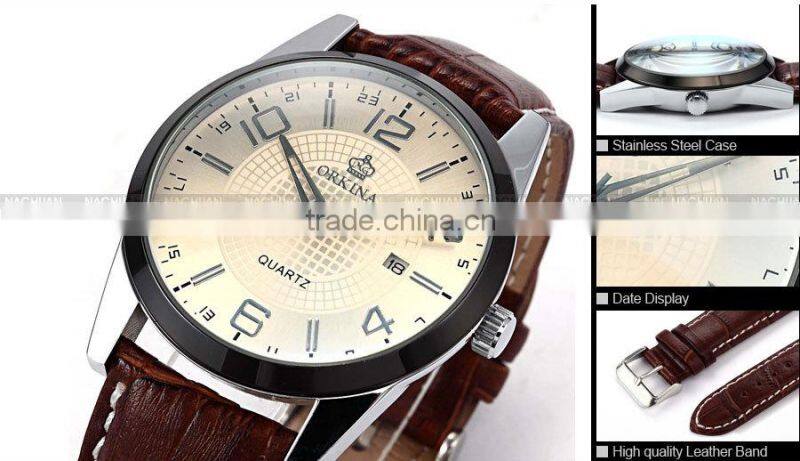 Orkina Coffee Leather Stainless Steel Case Chrono Quartz Men's Analog Sport Watch