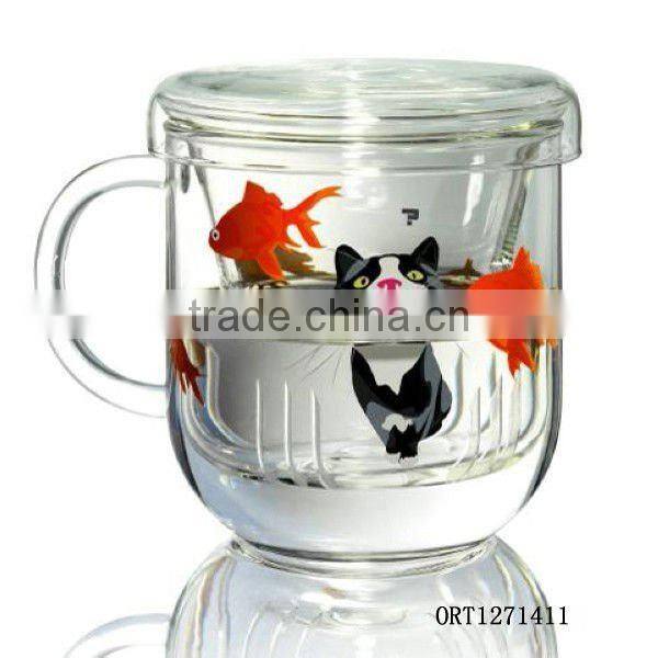 High quality 300ml 10oz double wall glass tea cup with lid