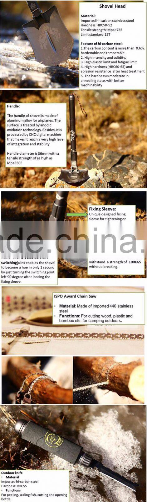 High-class All-in-one Garden Tool with Shovel Hoe Hammer Screw Driver Knife Fire Starter